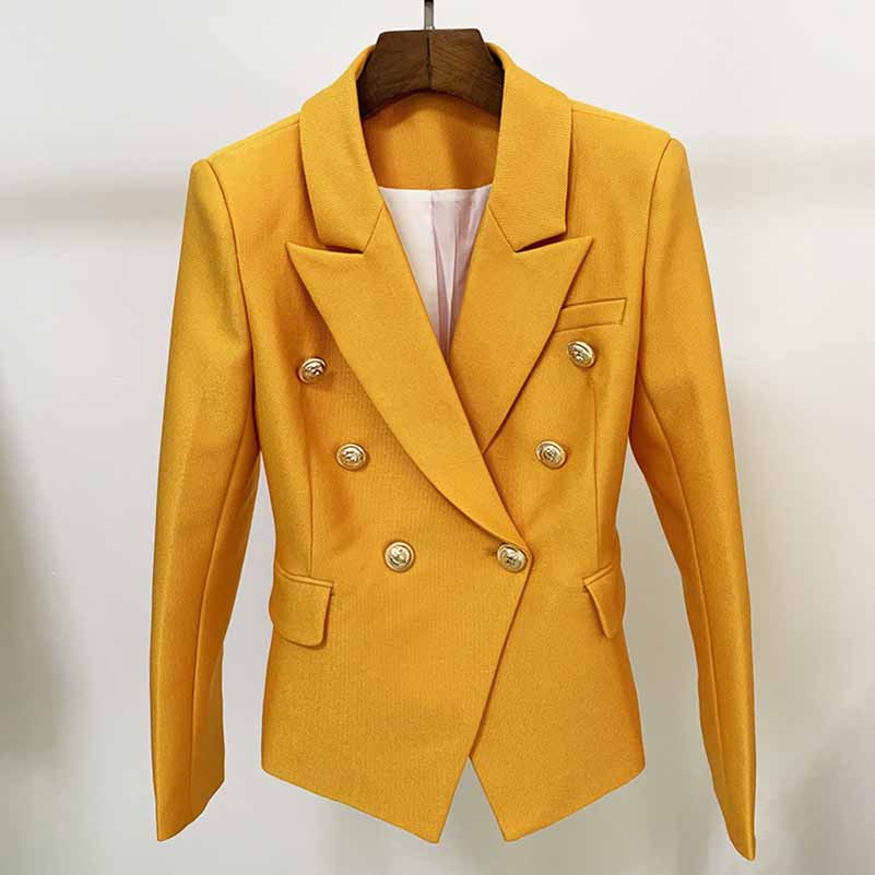 Women's Yellow Textured Luxury Fitted Double Breasted Blazer with Lion Buttons