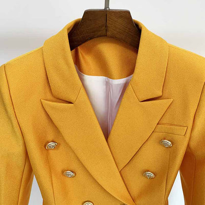 Women's Yellow Textured Luxury Fitted Double Breasted Blazer with Lion Buttons