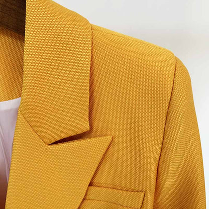 Women's Yellow Textured Luxury Fitted Double Breasted Blazer with Lion Buttons