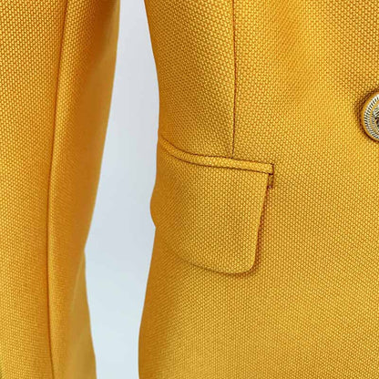 Women's Yellow Textured Luxury Fitted Double Breasted Blazer with Lion Buttons