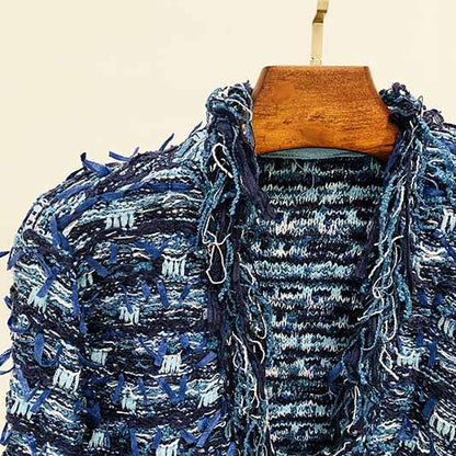Women Tweed Jacket With Fringe And Gold-tone Double-breasted Cardigan Jacket