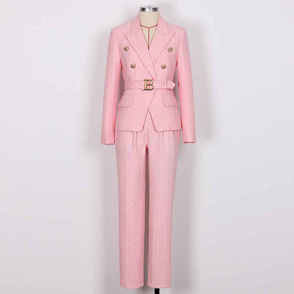 Women's Pantsuit Gold Button Tie Belt Double Breasted Two Pieces Jacquard Suit