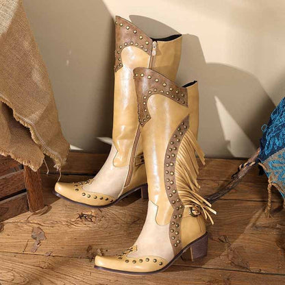 Women's Fringe Western Boot Chunky Stacked Heel Slip On Booties