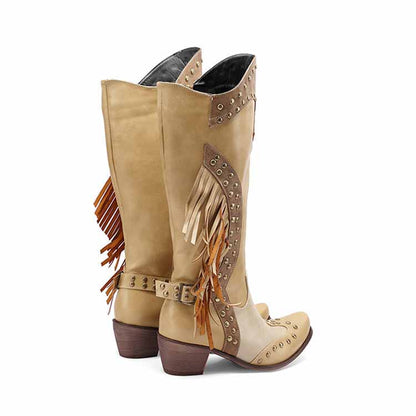 Women's Fringe Western Boot Chunky Stacked Heel Slip On Booties