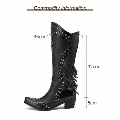 Women's Fringe Western Boot Chunky Stacked Heel Slip On Booties