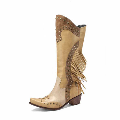 Women's Fringe Western Boot Chunky Stacked Heel Slip On Booties