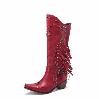 Women's Fringe Western Boot Chunky Stacked Heel Slip On Booties