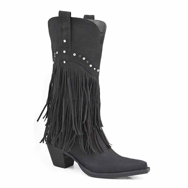 Women's Fringe and Stud Western Boot In Black Brown