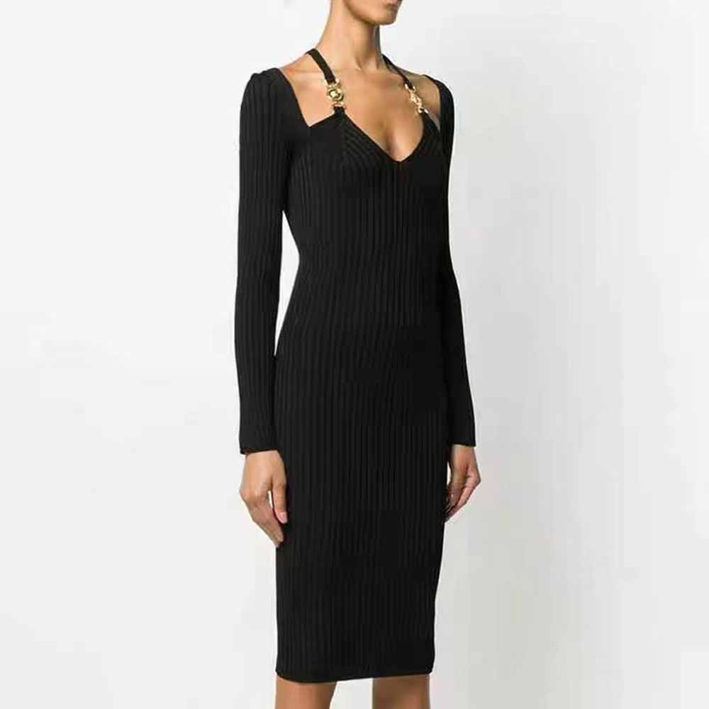 Black Pleated Tight-fitting Bodycon Dress Knitted Dress