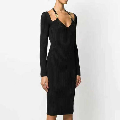 Black Pleated Tight-fitting Bodycon Dress Knitted Dress