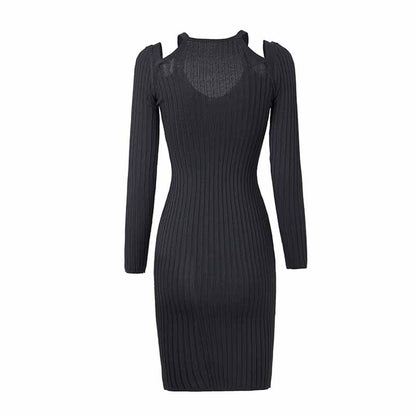 Black Pleated Tight-fitting Bodycon Dress Knitted Dress