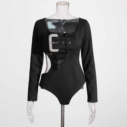 Womens Sexy Black Bodysuit Long Sleeve Top