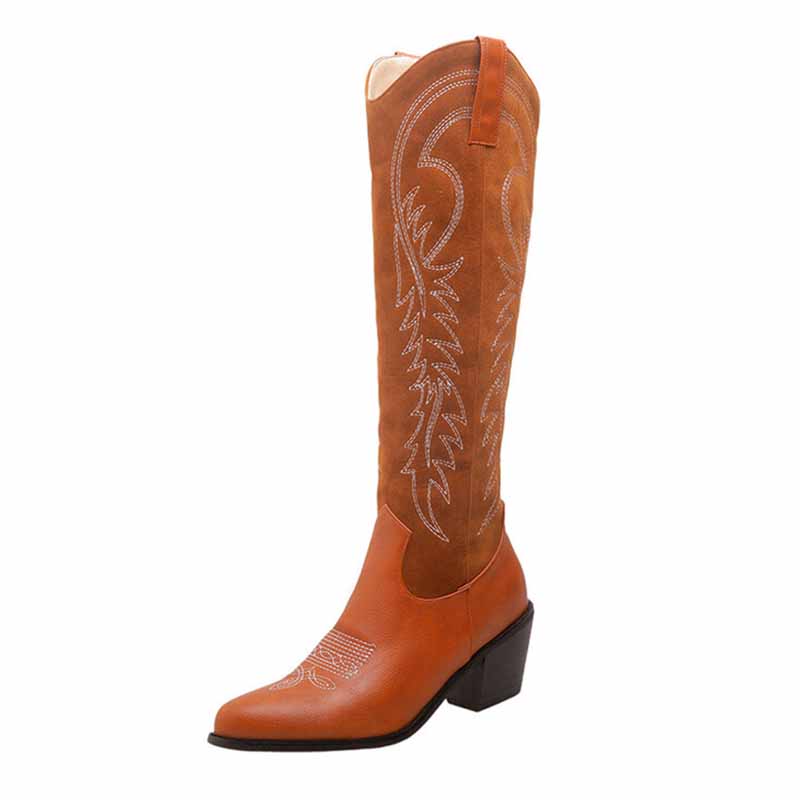 Womens Cowgirl Knee High Chunky Mid Heel Boots Western Cowboy Boots