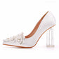 Women's Low Block Heel Sandals Chunky Pearl Wedding Shoes With Clear Heels