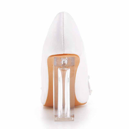 Women's Low Block Heel Sandals Chunky Pearl Wedding Shoes With Clear Heels