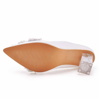 Women's Low Block Heel Sandals Chunky Pearl Wedding Shoes With Clear Heels