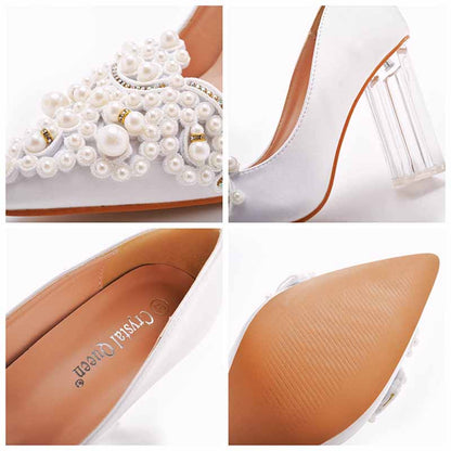 Women's Low Block Heel Sandals Chunky Pearl Wedding Shoes With Clear Heels