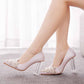 Women's Low Block Heel Sandals Chunky Pearl Wedding Shoes With Clear Heels