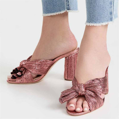 Women's Pleated Bow Knot Heeled Slip On Open Toe Block Chunky Heel Slides Dress Shoes