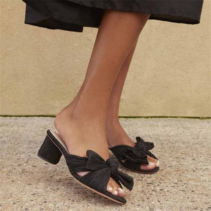 Women's Pleated Bow Knot Heeled Slip On Open Toe Block Chunky Heel Slides Dress Shoes