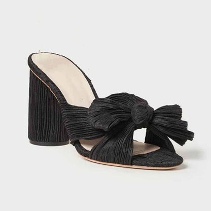 Women's Pleated Bow Knot Heeled Slip On Open Toe Block Chunky Heel Slides Dress Shoes