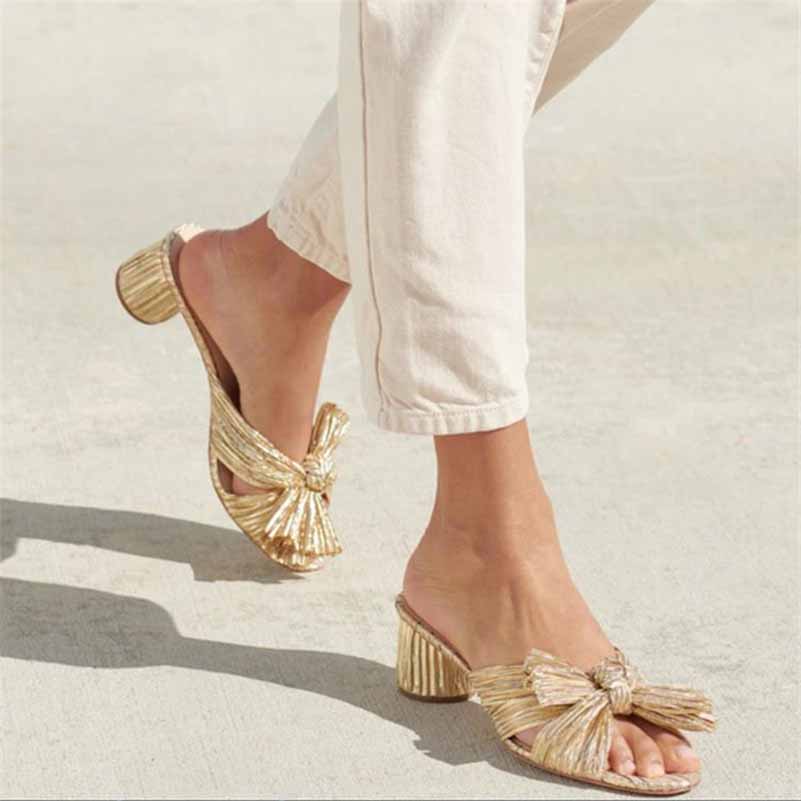 Women's Pleated Bow Knot Heeled Sandals Comfortable Slip On Open Toe Block Chunky Heel Slides Bridal Wedding Dress Shoes