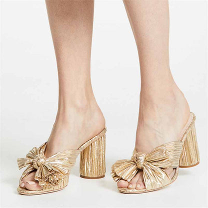 Women's Pleated Bow Knot Heeled Slip On Open Toe Block Chunky Heel Slides Dress Shoes
