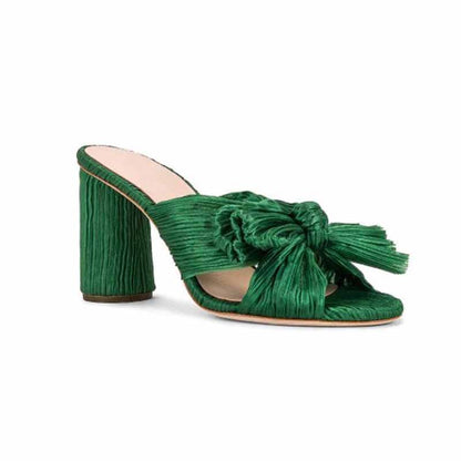 Women's Pleated Bow Knot Heeled Slip On Open Toe Block Chunky Heel Slides Dress Shoes