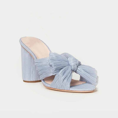 Women's Pleated Bow Knot Heeled Slip On Open Toe Block Chunky Heel Slides Dress Shoes