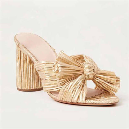 Women's Pleated Bow Knot Heeled Slip On Open Toe Block Chunky Heel Slides Dress Shoes
