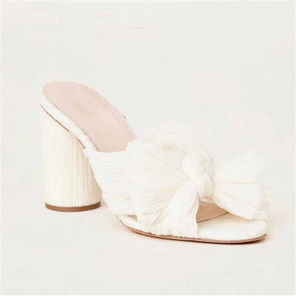 Women's Pleated Bow Knot Heeled Slip On Open Toe Block Chunky Heel Slides Dress Shoes