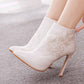 Women's White Boots Appliqued Pointed Toe Stiletto High Heel Wedding Boots