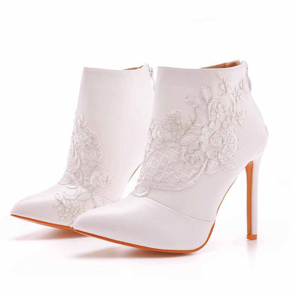 Women's White Boots Appliqued Pointed Toe Stiletto High Heel Wedding Boots