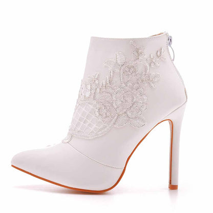 Women's White Boots Appliqued Pointed Toe Stiletto High Heel Wedding Boots