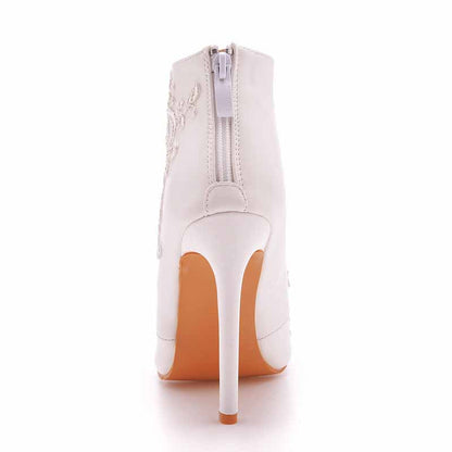 Women's White Boots Appliqued Pointed Toe Stiletto High Heel Wedding Boots