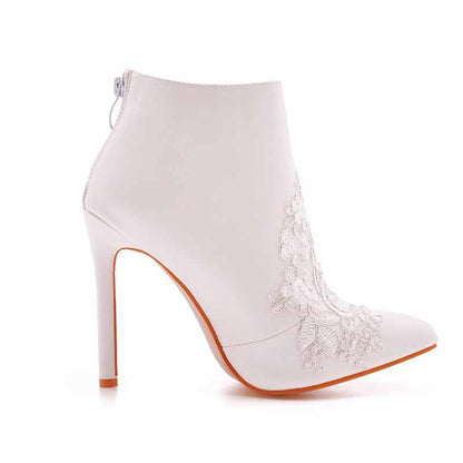 Women's White Boots Appliqued Pointed Toe Stiletto High Heel Wedding Boots