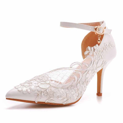 Women White lace Ankle Strap High Heel Sandals Bridal White Lace Wedding Shoes