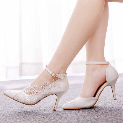 Women White lace Ankle Strap High Heel Sandals Bridal White Lace Wedding Shoes