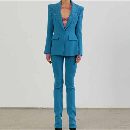 Women's 2 Piece One Button Blue Suit Fashionable Drilling Set Slim Fit Blazer Pans Suits