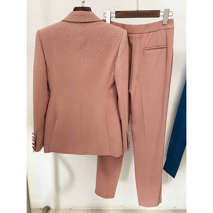 Women's 2 Piece One Button Blue Suit Fashionable Drilling Set Slim Fit Blazer Pans Suits