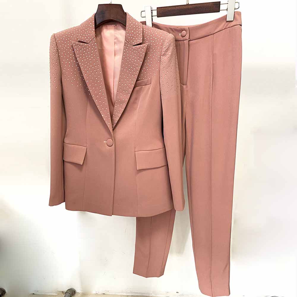 Women's 2 Piece Pantsuit Camel One Button Drilling Suit Fashionable Se ...