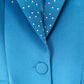 Women's 2 Piece One Button Blue Suit Fashionable Drilling Set Slim Fit Blazer Pans Suits