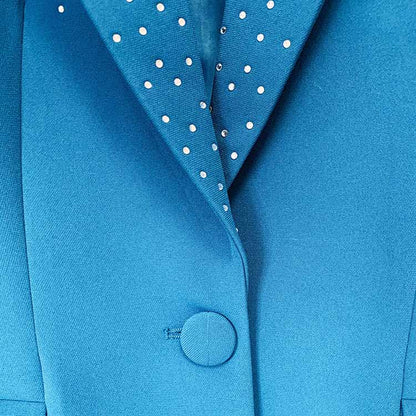 Women's 2 Piece One Button Blue Suit Fashionable Drilling Set Slim Fit Blazer Pans Suits