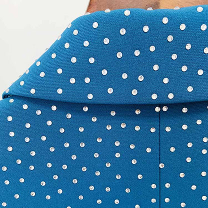 Women's 2 Piece One Button Blue Suit Fashionable Drilling Set Slim Fit Blazer Pans Suits