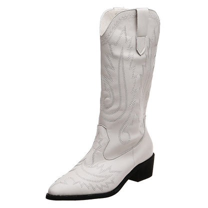 Western Cowgirl Cowboy Boots Wide Calf Pointed Toe Embroidered Shoes