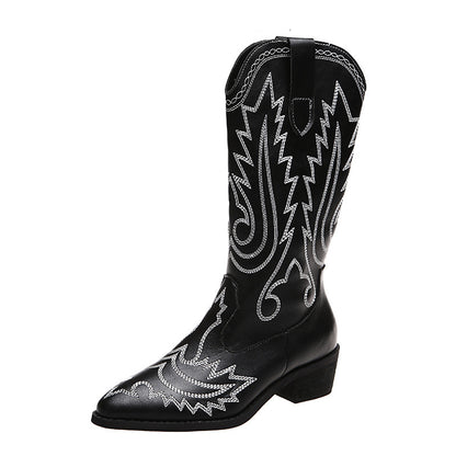 Western Cowgirl Cowboy Boots Wide Calf Pointed Toe Embroidered Shoes