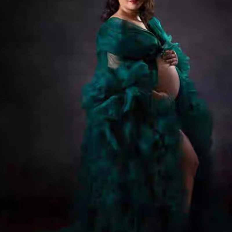 Women Long Sleeves Perspective Sheer Long Robe Puffy Tulle Robe Sheer for Maternity Photoshoot