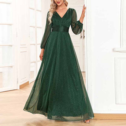 Women's Dark Green A-line Long Sleeve V-Neck Chiffon Mother of The Bride Dress