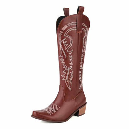 Embroidered Pull-On Chunky Heel Cowgirl Knee High Western Boots
