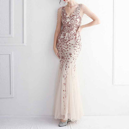 Women's Pattern Sequin Short Sleeve Flapper Mermaid Evening Dress Prom